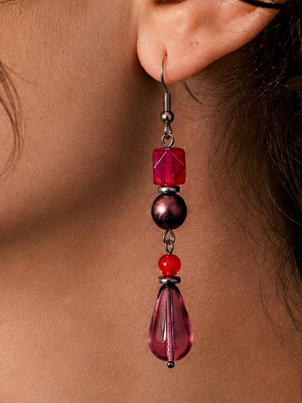 Purple Glass Teardrop & Fuchsia Tourmaline Dangle Earrings, Stainless Steel Hook